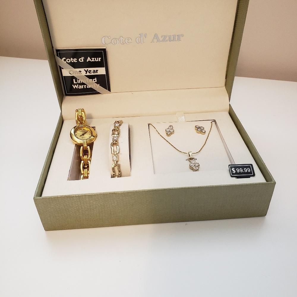 Cote d'Azur Gold watch bracelet necklace earrings